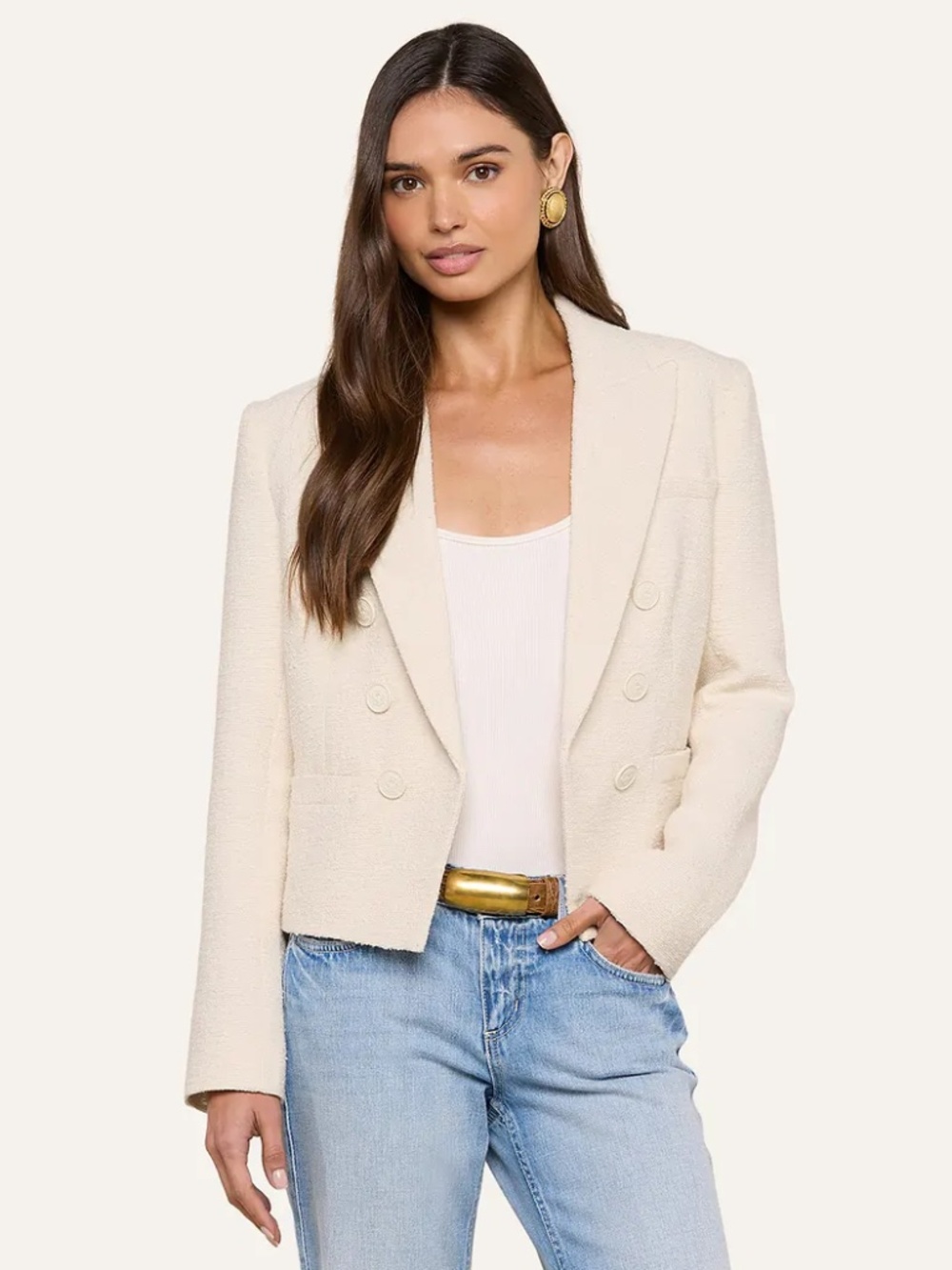 L'AGENCE Brooke Double Breasted Crop Tweed Blazer Jacket Ecru 2 4 NWT